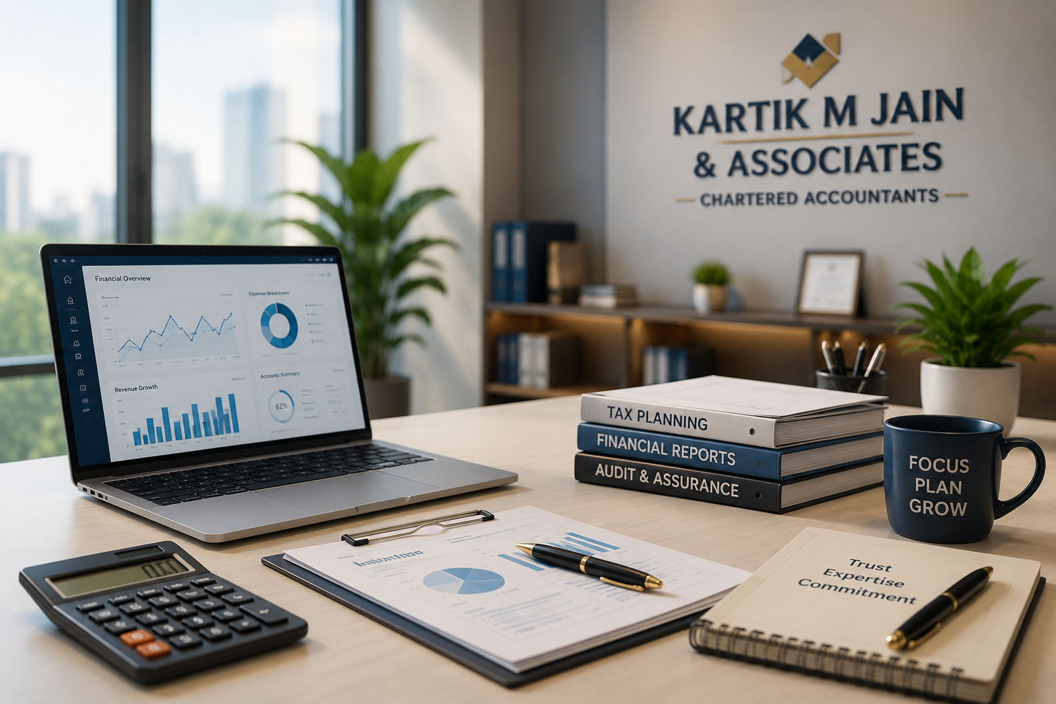 Modern Chartered Accountant office workspace with financial reports, laptop, calculator and business advisory documents at Kartik M Jain & Associates, Pune